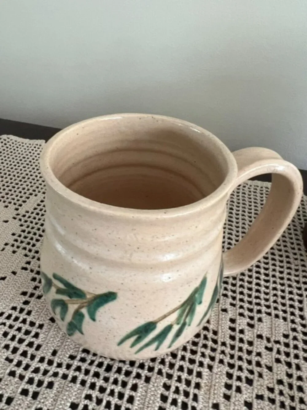 Pottery Stoneware Mug Handpainted Leaves Signed by Artist